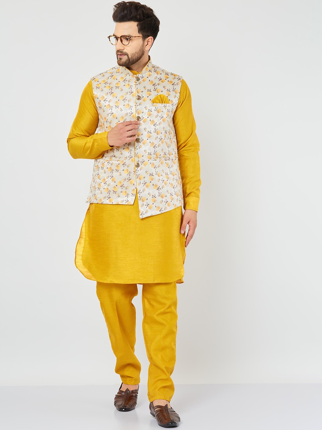 

Armaan Ethnic Floral Regular Dupion Silk Kurta with Trousers, Mustard