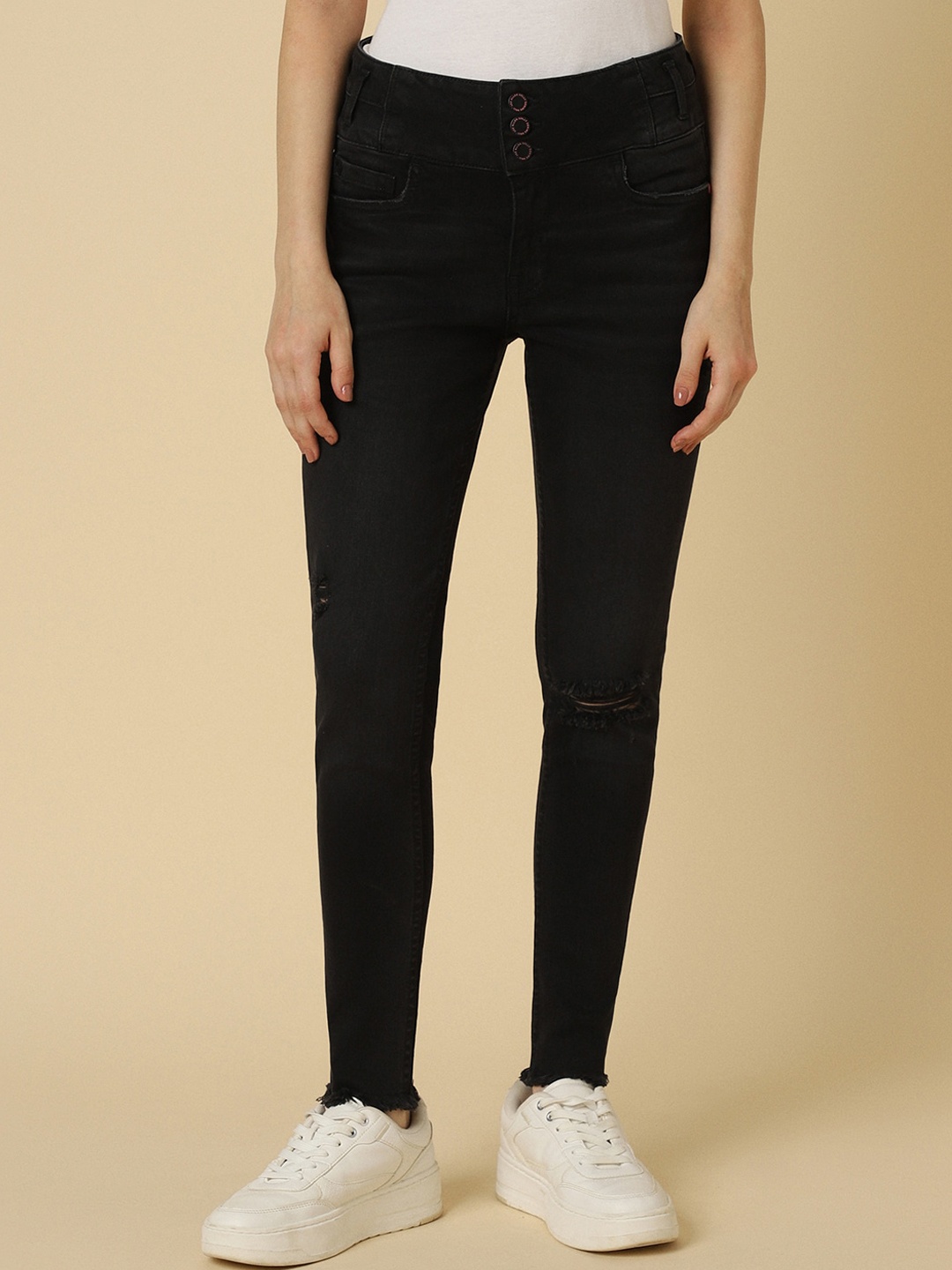 

Allen Solly Woman Skinny Fit Mid-Rise Low Distress Jeans, Black