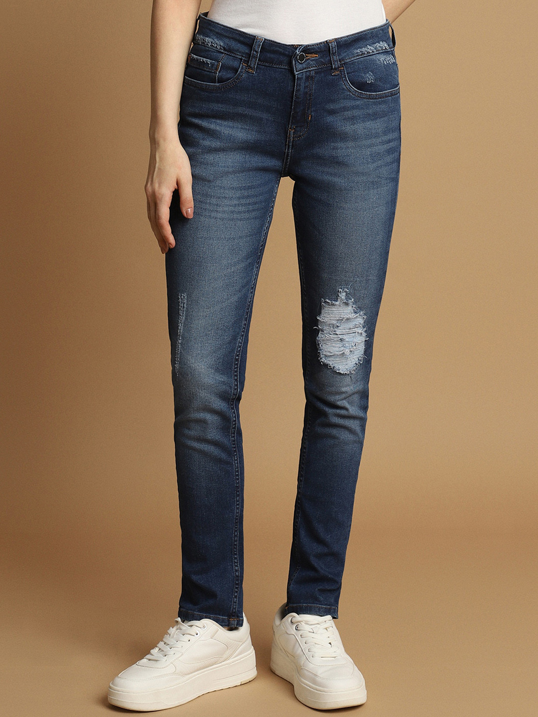 

Allen Solly Woman Women Slim Fit Mildly Distressed Light Fade Stretchable Jeans, Navy blue