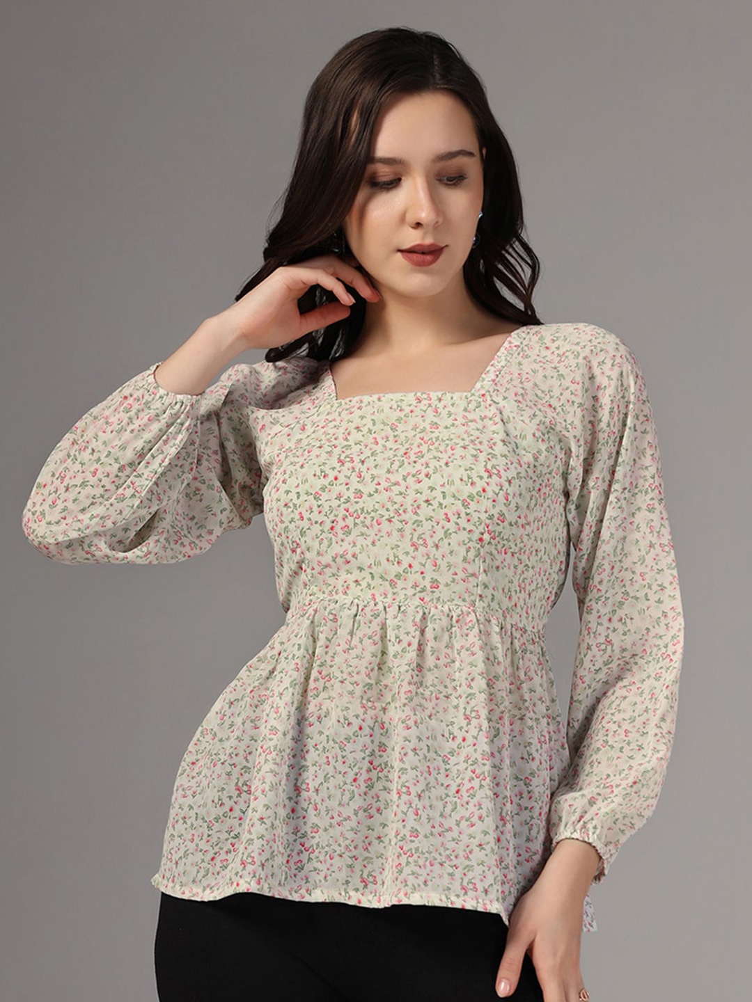 

FASHION DREAM Flooral Printed Georgette Peplum Top, Off white