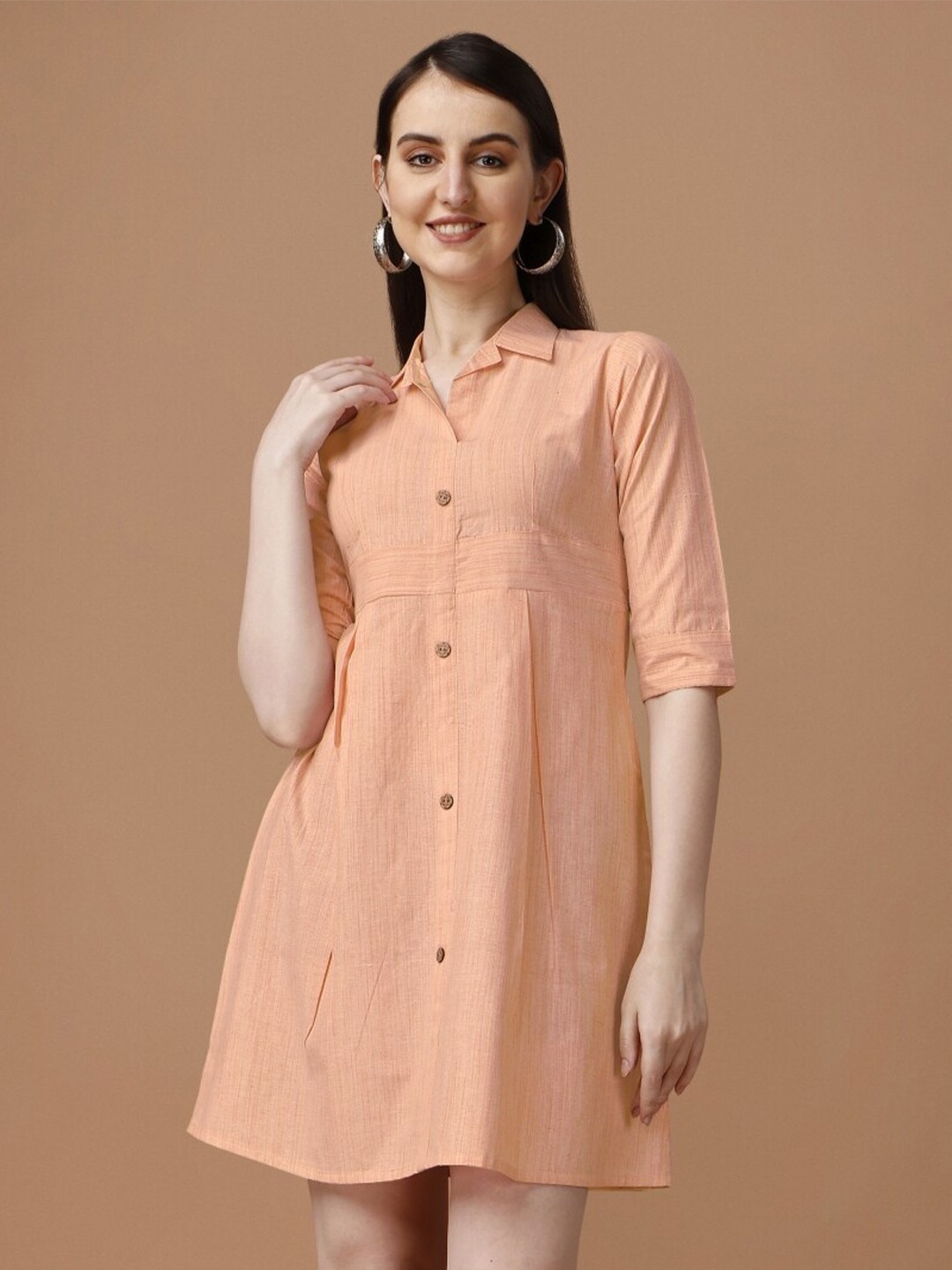 

Growdamy Shirt Collar Cotton A-Line Dress, Peach