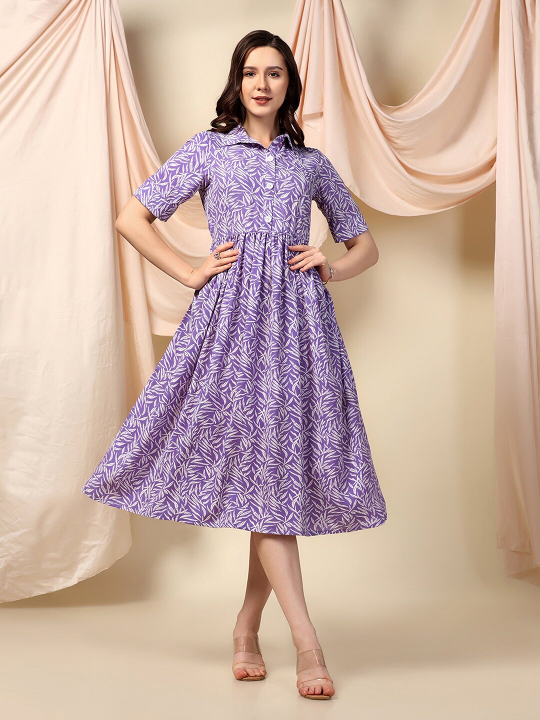 

FASHION DREAM Floral Printed Shirt Collar Fit & Flare Midi Dress, Purple