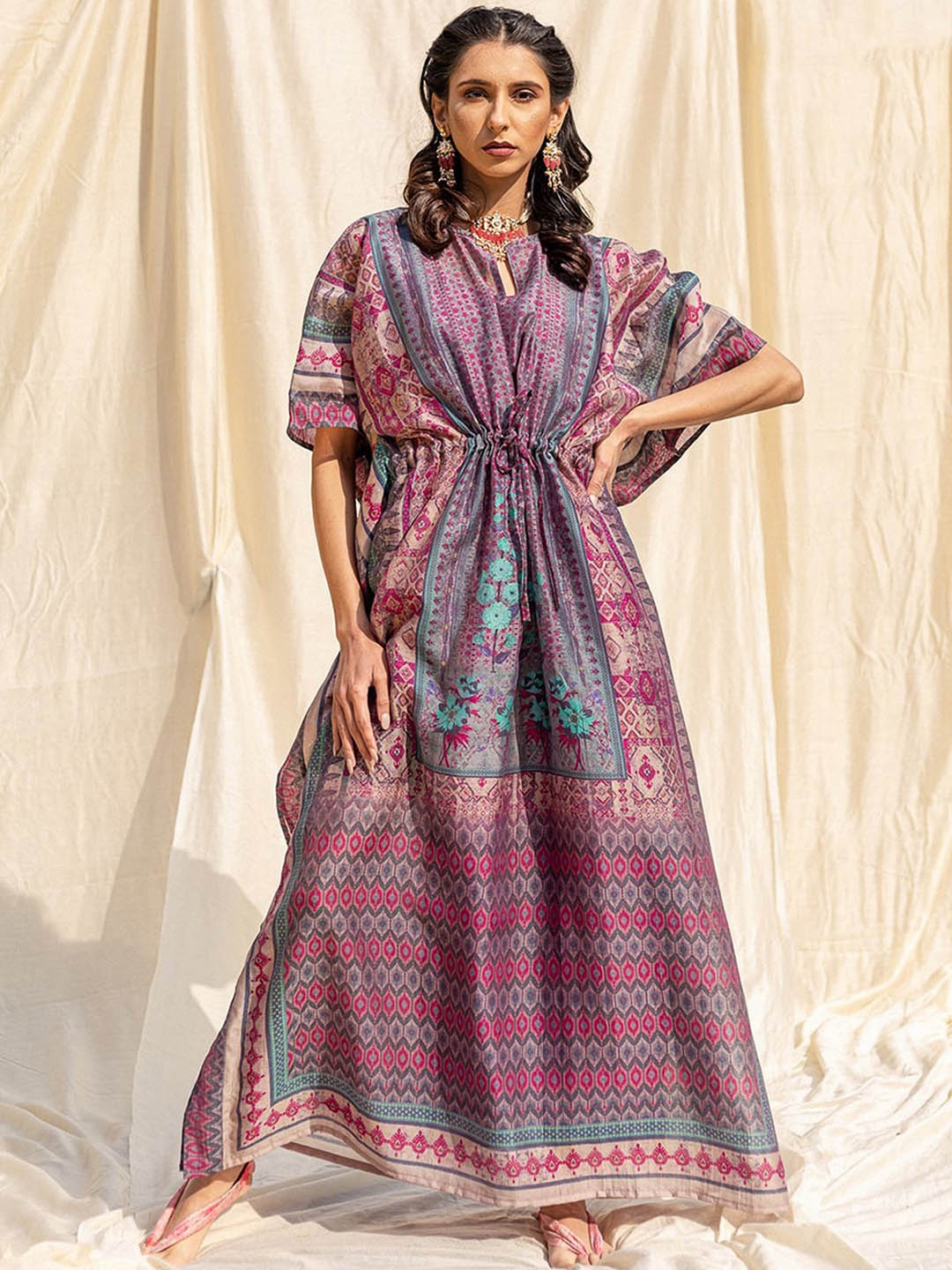 

ODETTE Floral Printed Flared Sleeves Kaftan Kurta, Violet