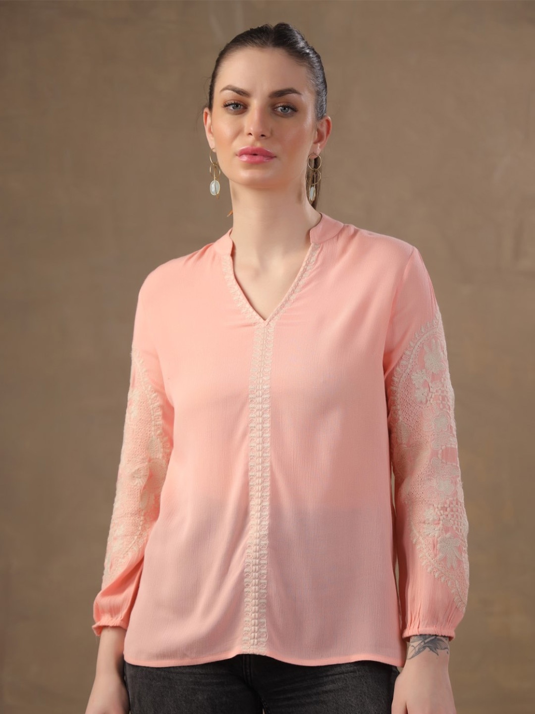 

Nyaro Floral Embroidered Mandarin Collar Top, Peach