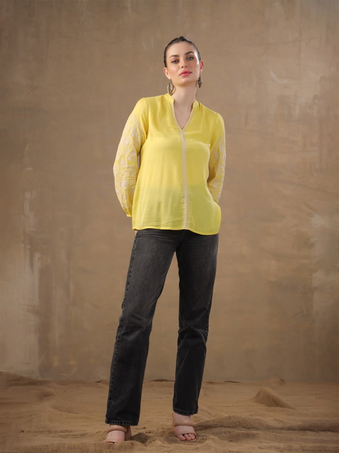 

Nyaro Abstract Embroidered Mandarin Collar Cuffed Sleeves Top, Yellow