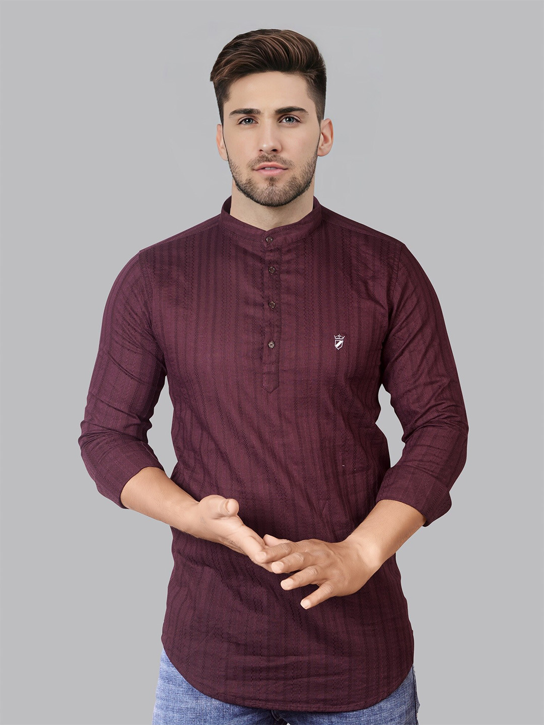 

Jb Just BLACK Classic Vertical Stripes Mandarin Collar Cotton Casual Shirt, Purple