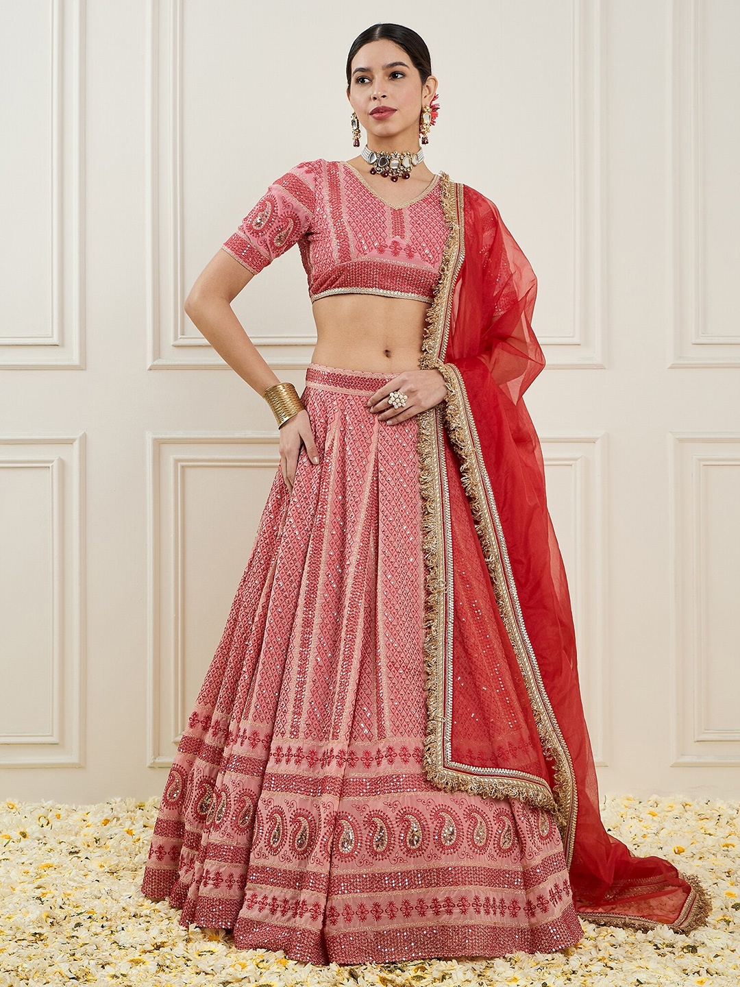 

ADORNIA Embroidered Thread Work Ready to Wear Lehenga & Blouse With Dupatta, Red