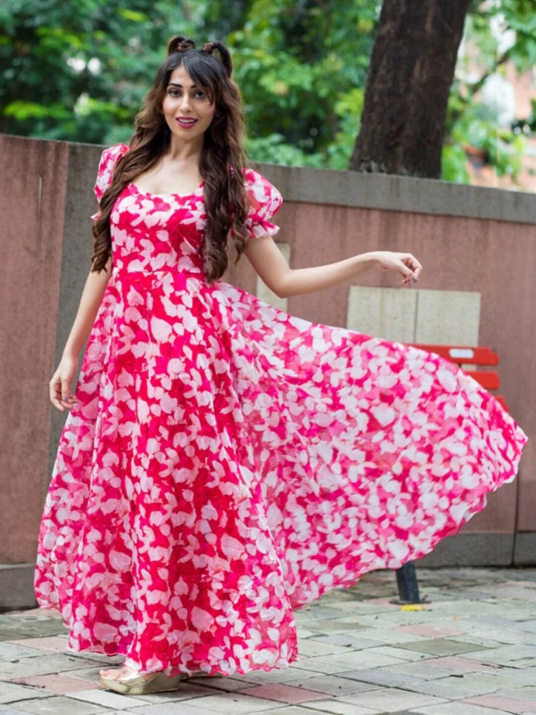 

Fashion2wear Floral Printed Georgette Fit & Flare Maxi Dress, Pink