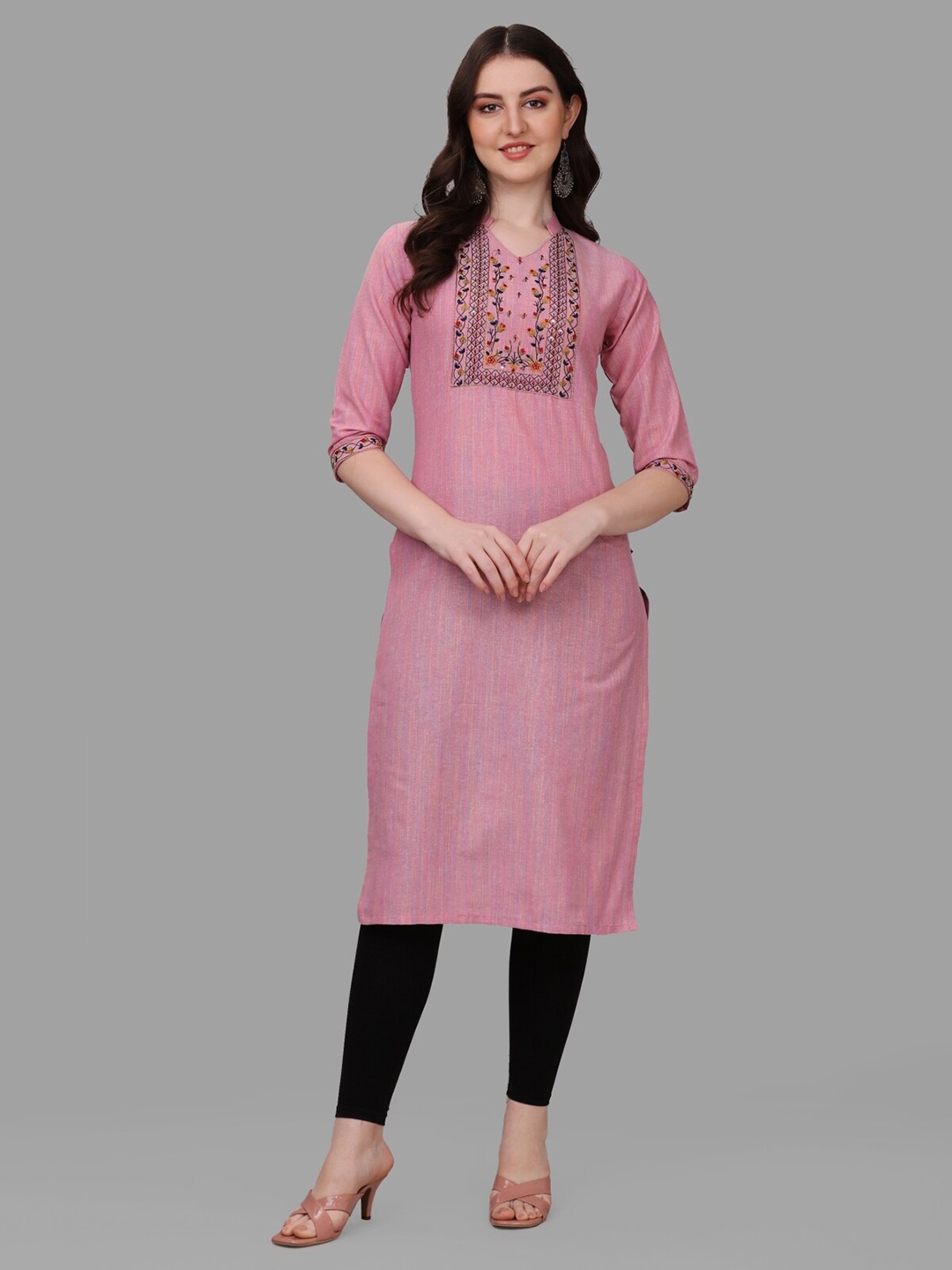 

Growdamy Floral Yoke Design Round Neck Sequinned Straight Kurta, Pink