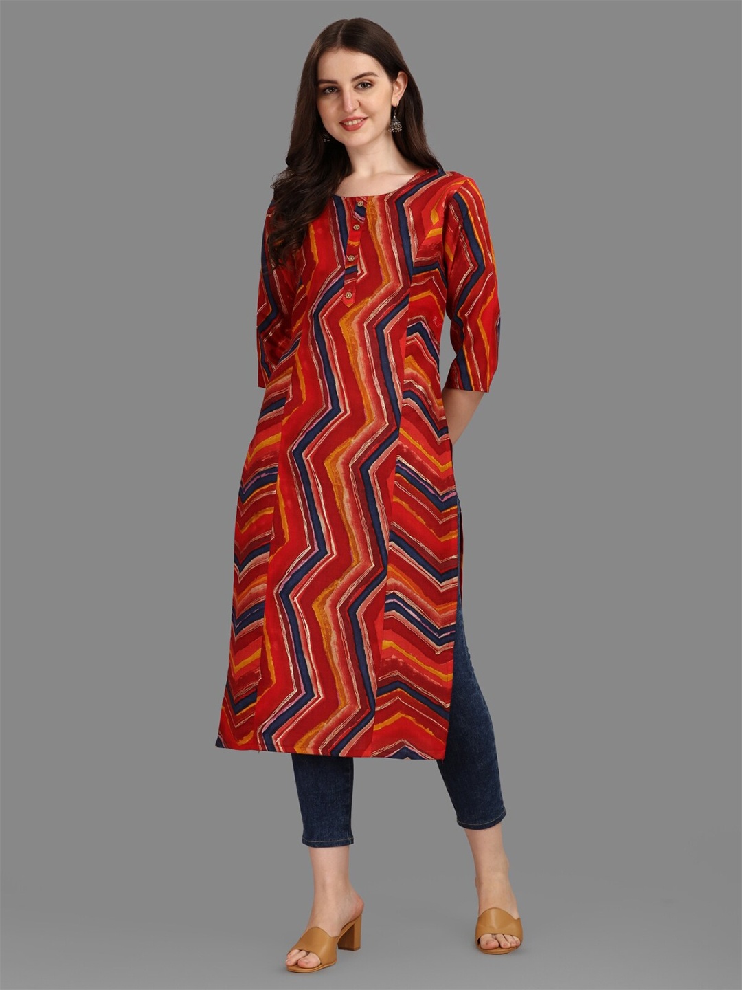 

Growdamy Striped Printed Round Neck Straight Kurta, Red