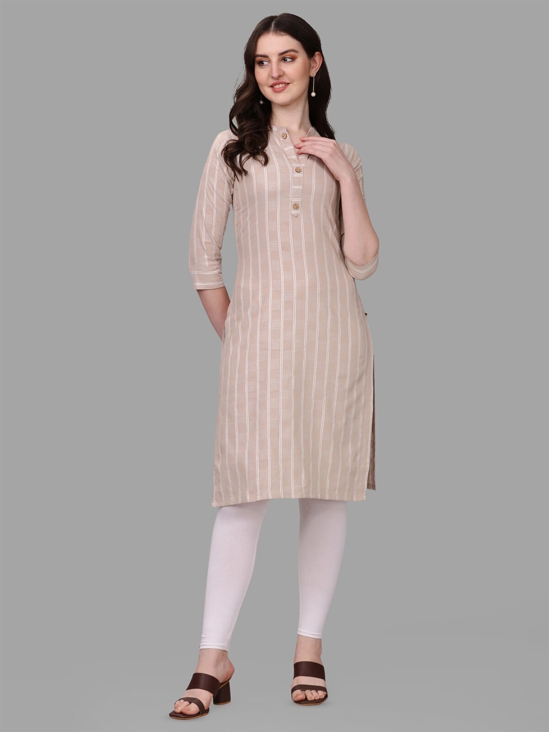 

Growdamy Striped Printed Mandarin Collar Straight Kurta, Cream