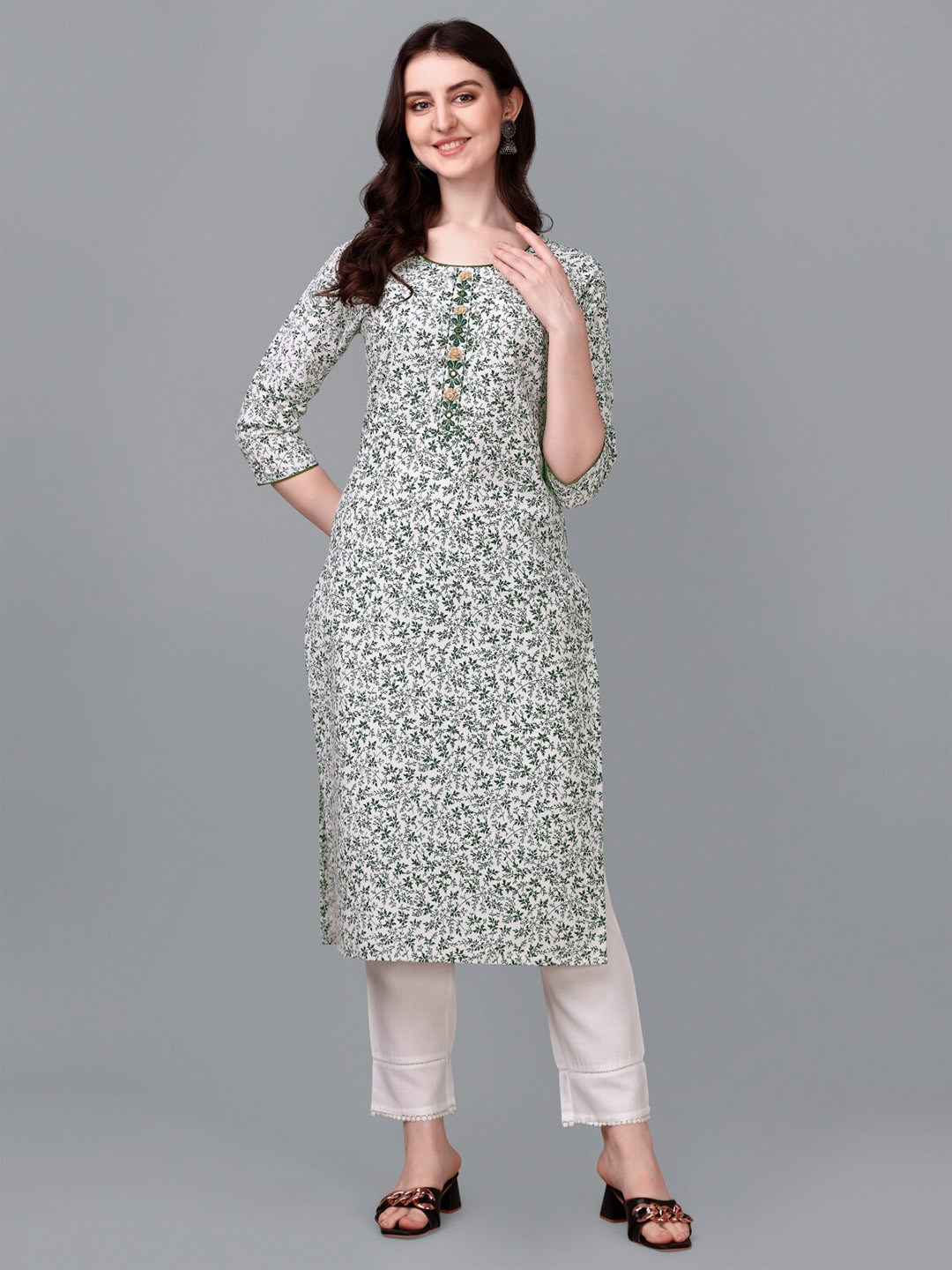 

Growdamy Floral Printed Round Neck Straight Kurta, Green