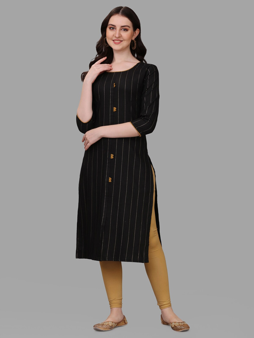 

Growdamy Striped Round Neck Cotton Straight Kurta, Black