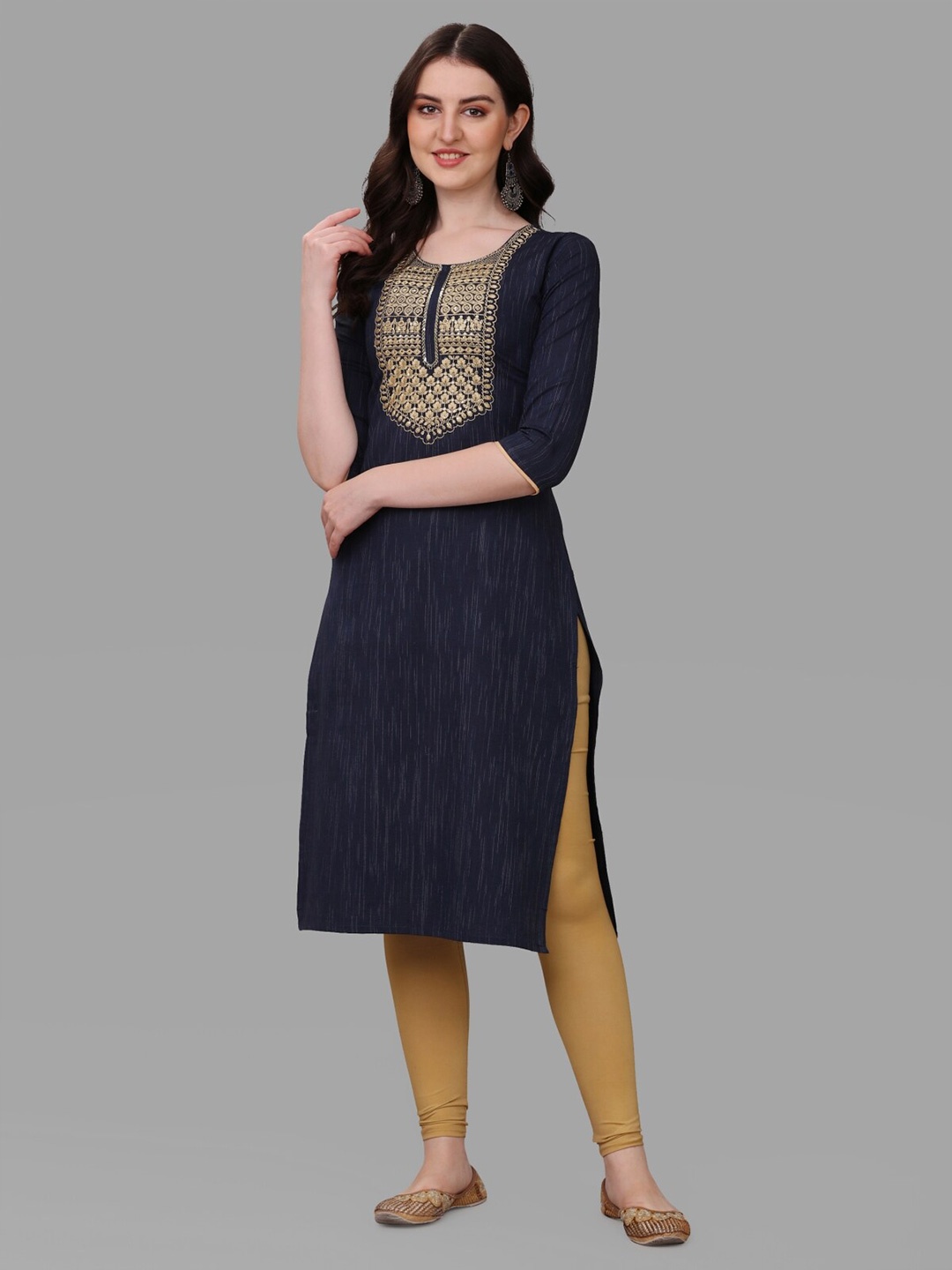 

Growdamy Ethnic Motifs Yoke Design Round Neck Thread Work Straight Kurta, Navy blue
