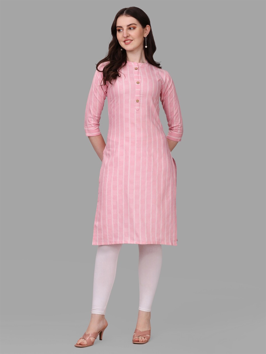 

Growdamy Geometric Printed Mandarin Collar Cotton Straight Kurta, Pink