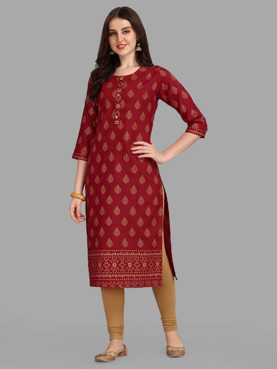 

Growdamy Ethnic Motifs Printed Round Neck Regular Sleeves Straight Kurta, Maroon