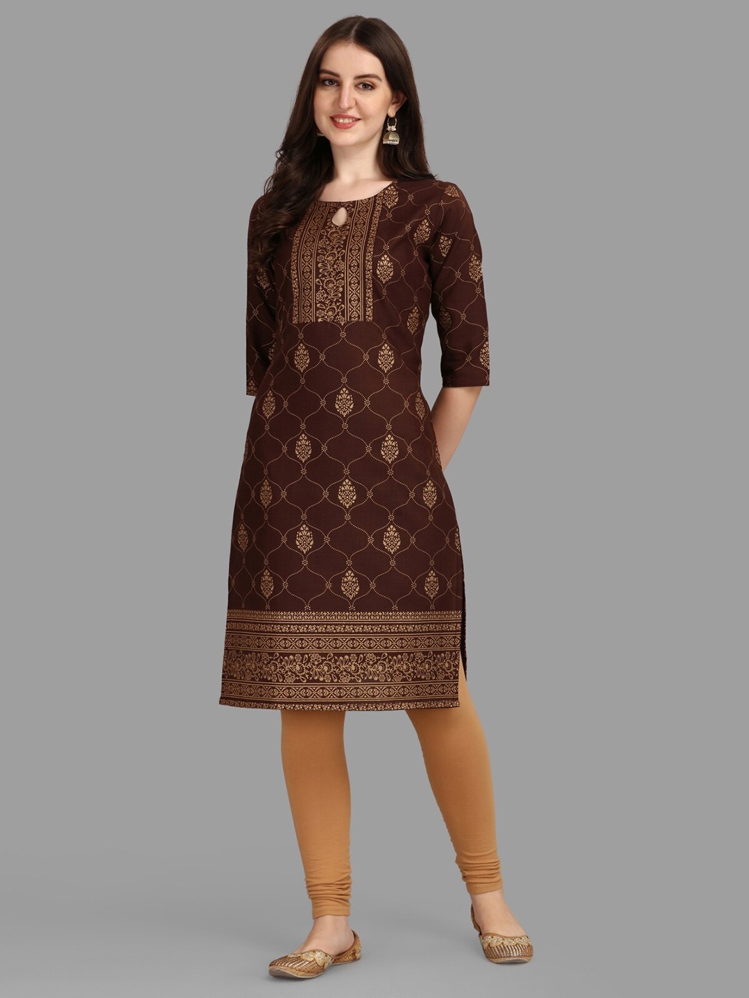 

Growdamy Ethnic Motifs Printed Crepe Keyhole Neck Straight Kurta, Coffee brown
