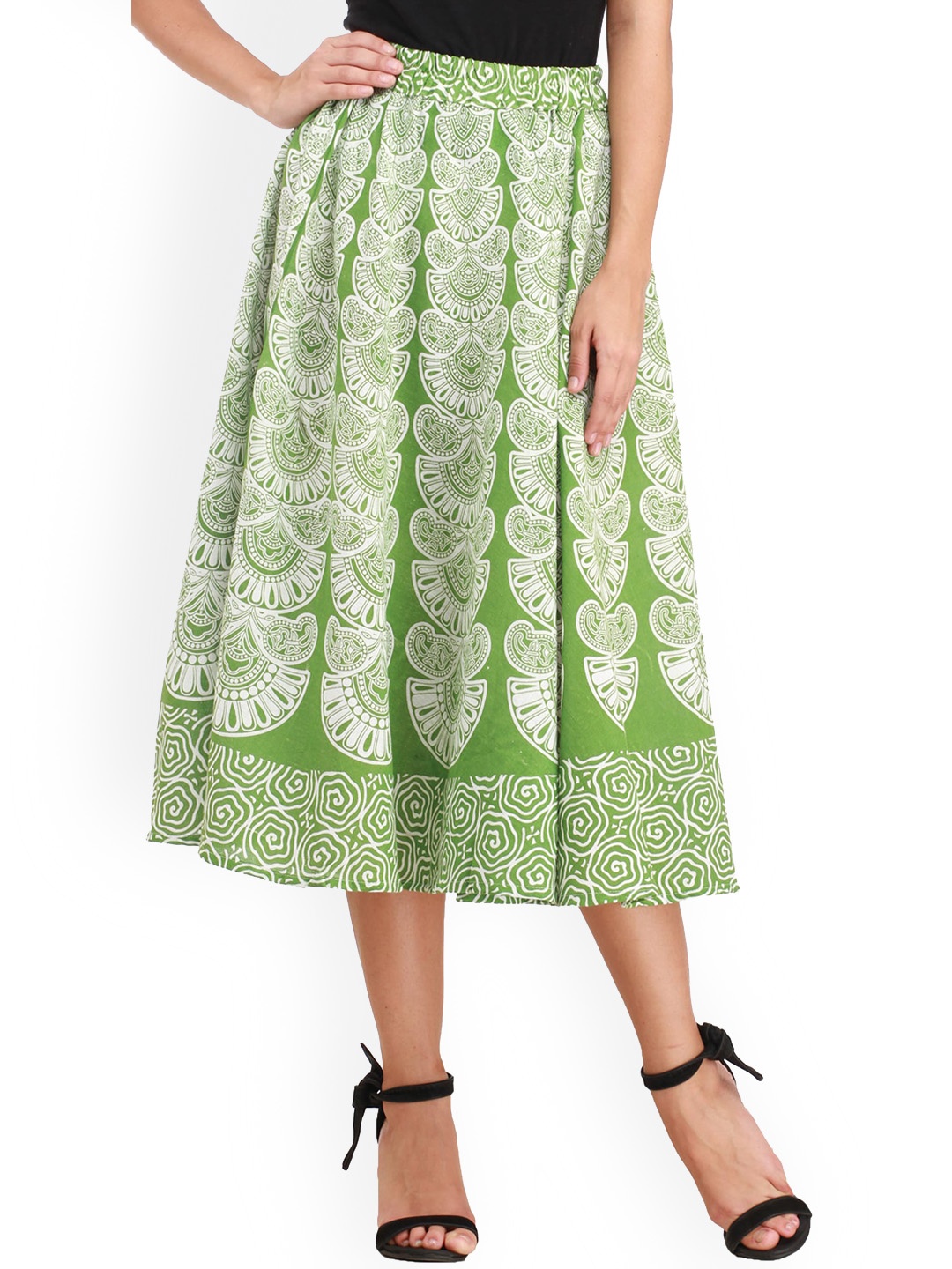 

Exotic India Block Printed Motifs Flourite Green Pure Cotton Midi-Skirt