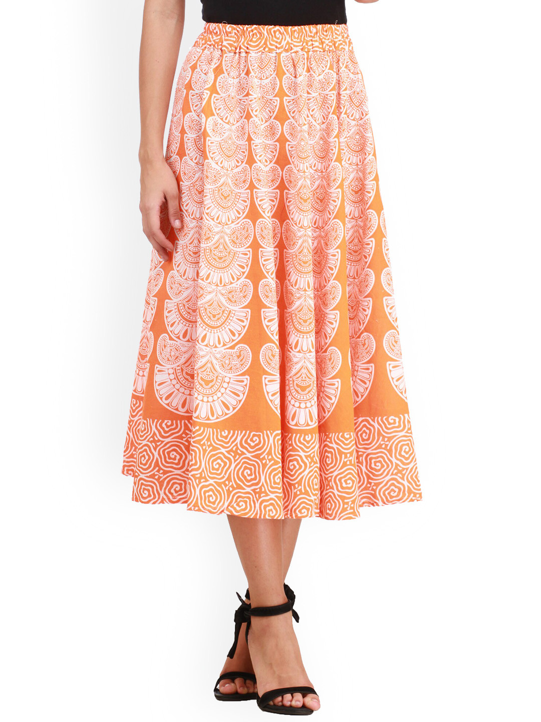 

Exotic India Ethnic Motifs Block Printed Pure Cotton A-Line Pilkhuwa Midi Skirt, Orange