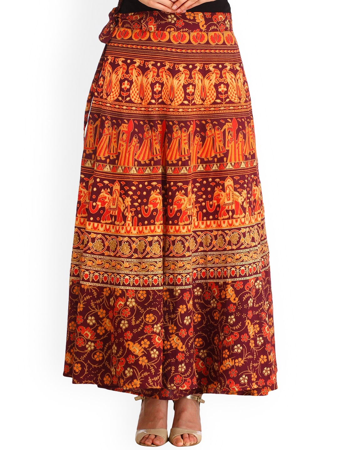 

Exotic India Wrap around Long Skirt with Printed Wedding Scenes, Maroon