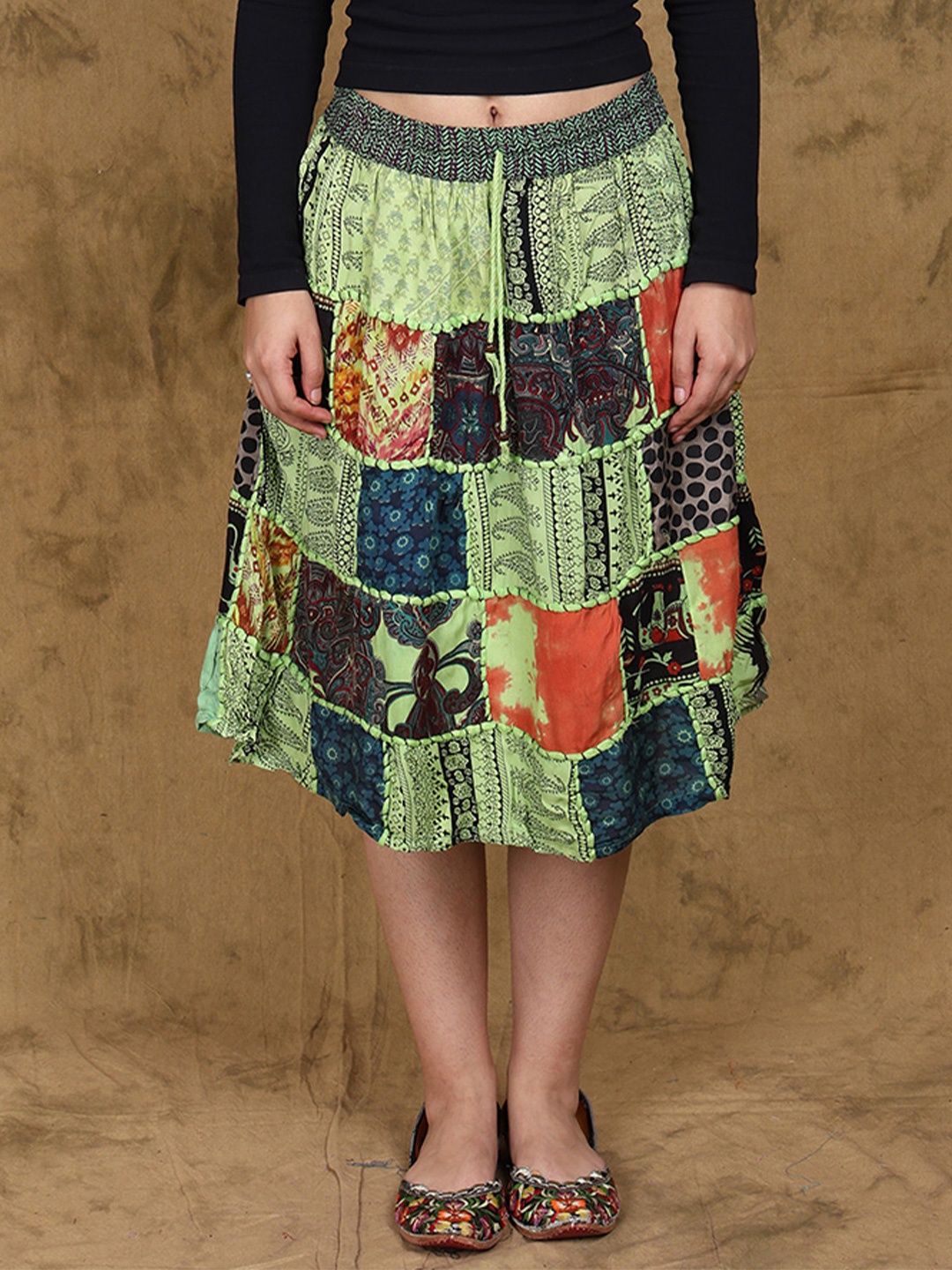 

Exotic India Printed A-Line Mini Skirt, Green