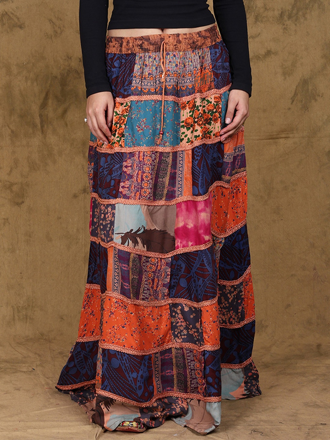 

Exotic India Printed A-Line Maxi Skirt, Peach