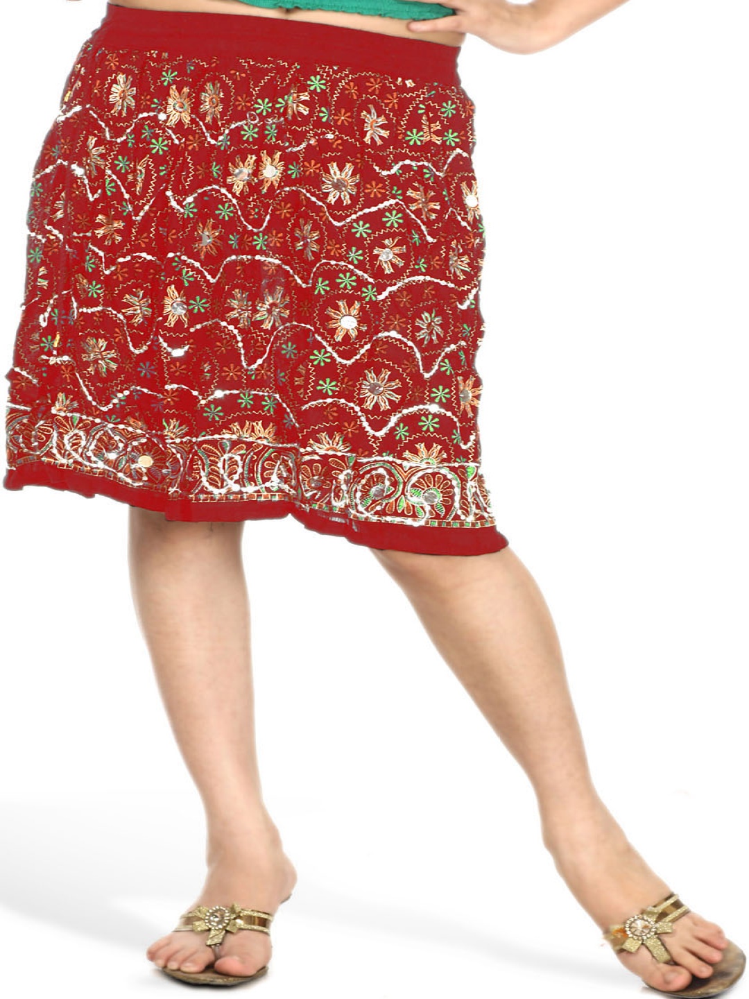 

Exotic India Embroidered Sequins Scarlet Midi-Skirt, Red