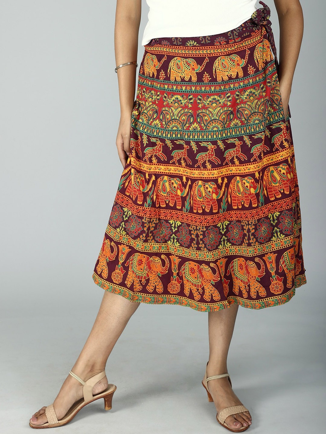 

Exotic India Printed Pure Cotton Wrap-Around Midi Skirt, Green