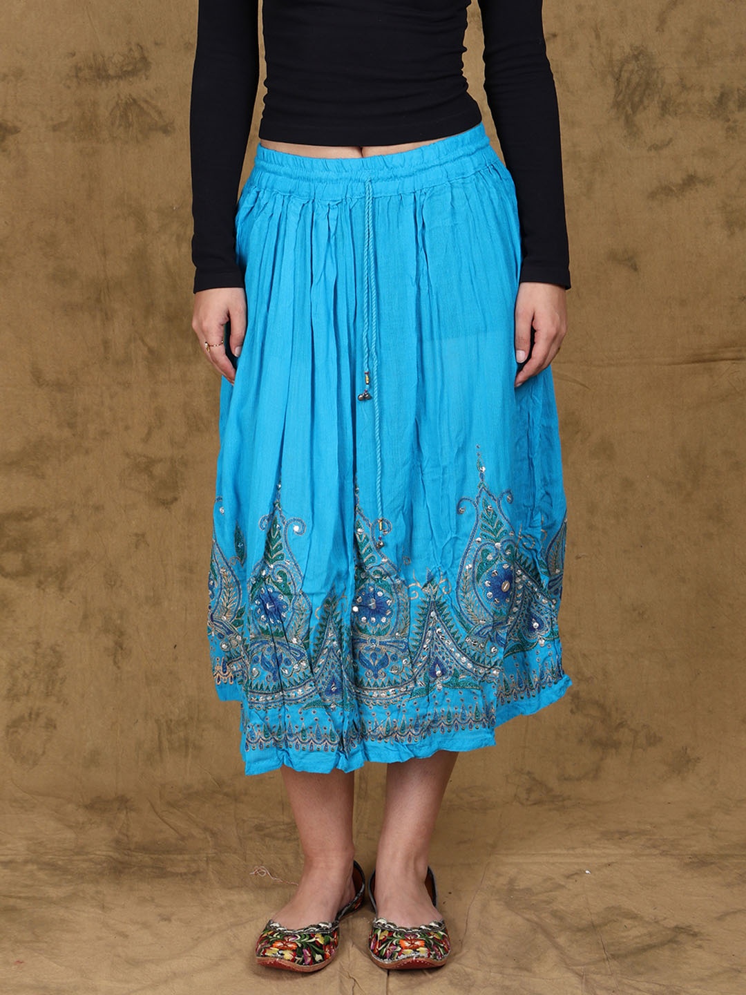 

Exotic India Embroidered Flowers Flared Midi Skirt, Blue