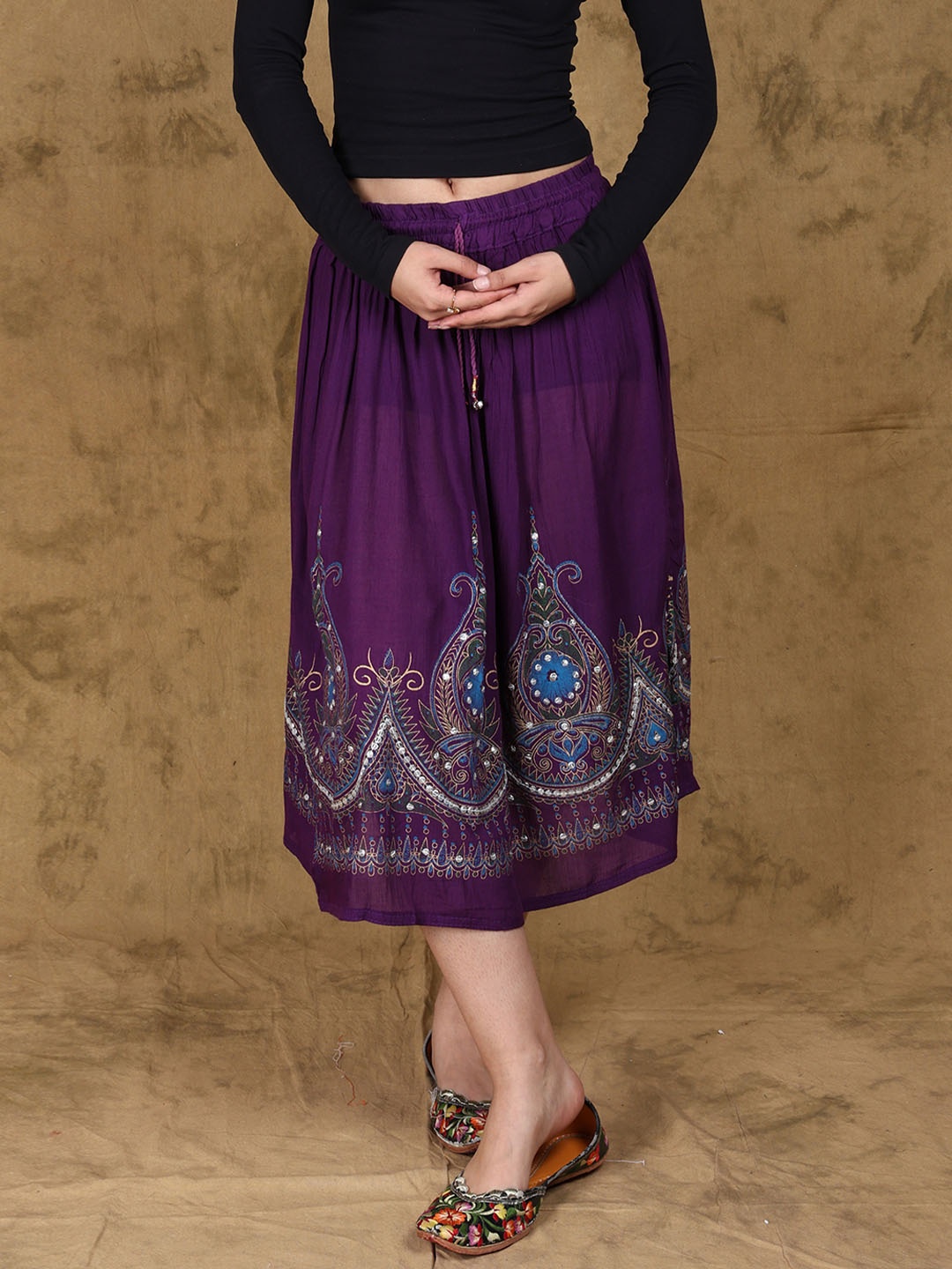 

Exotic India Printed Flared Midi Skirts, Purple