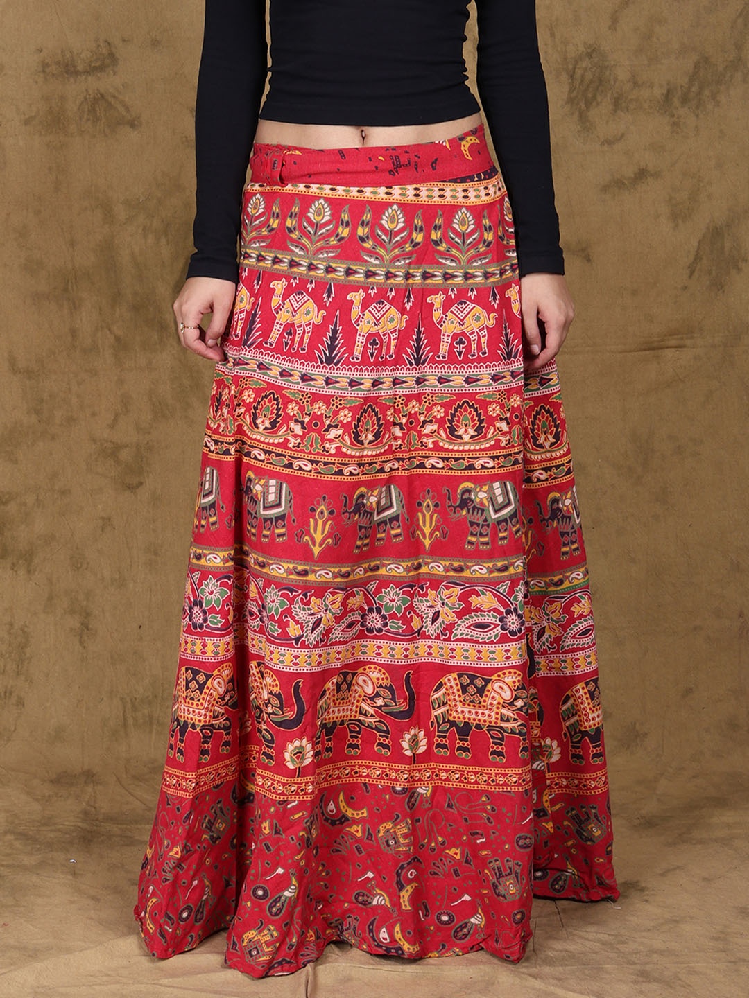 

Exotic India Printed Pure Cotton Wrap-Around Maxi Skirt, Red
