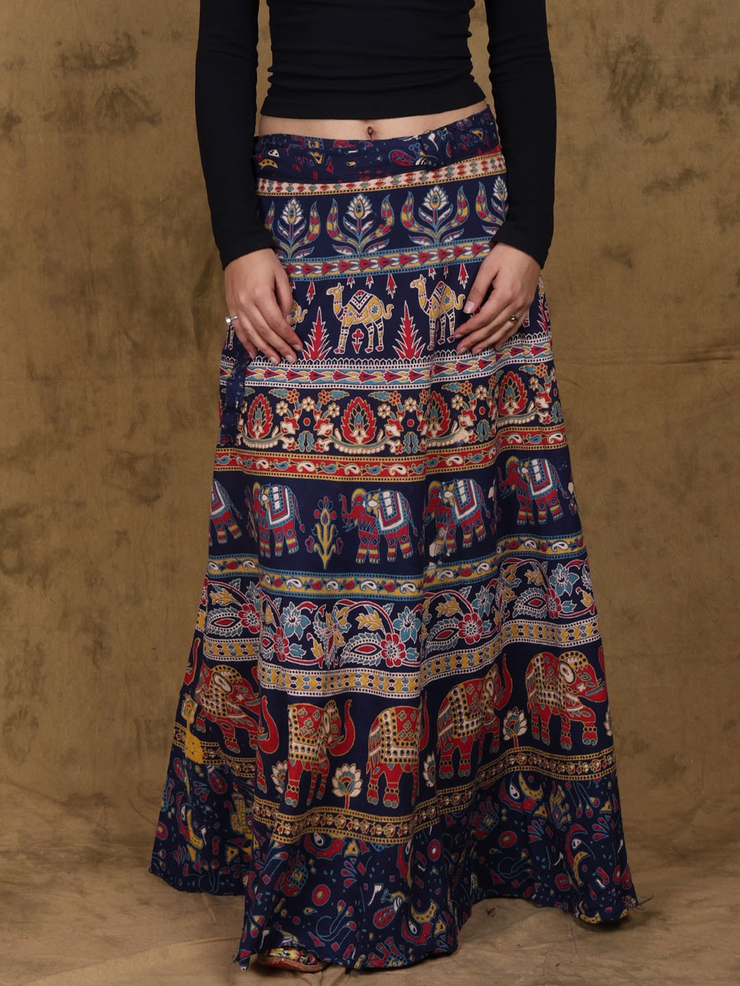 

Exotic India Printed Pure Cotton Wrap-Around Maxi Skirt, Blue