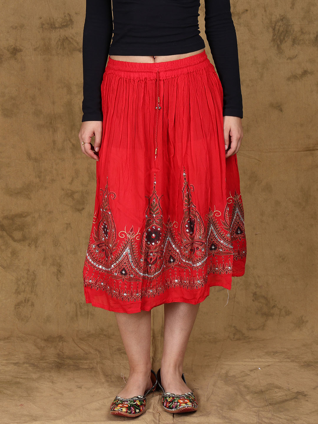 

Exotic India Printed Flowers Embellished With Sequins Midi Skirt, Red