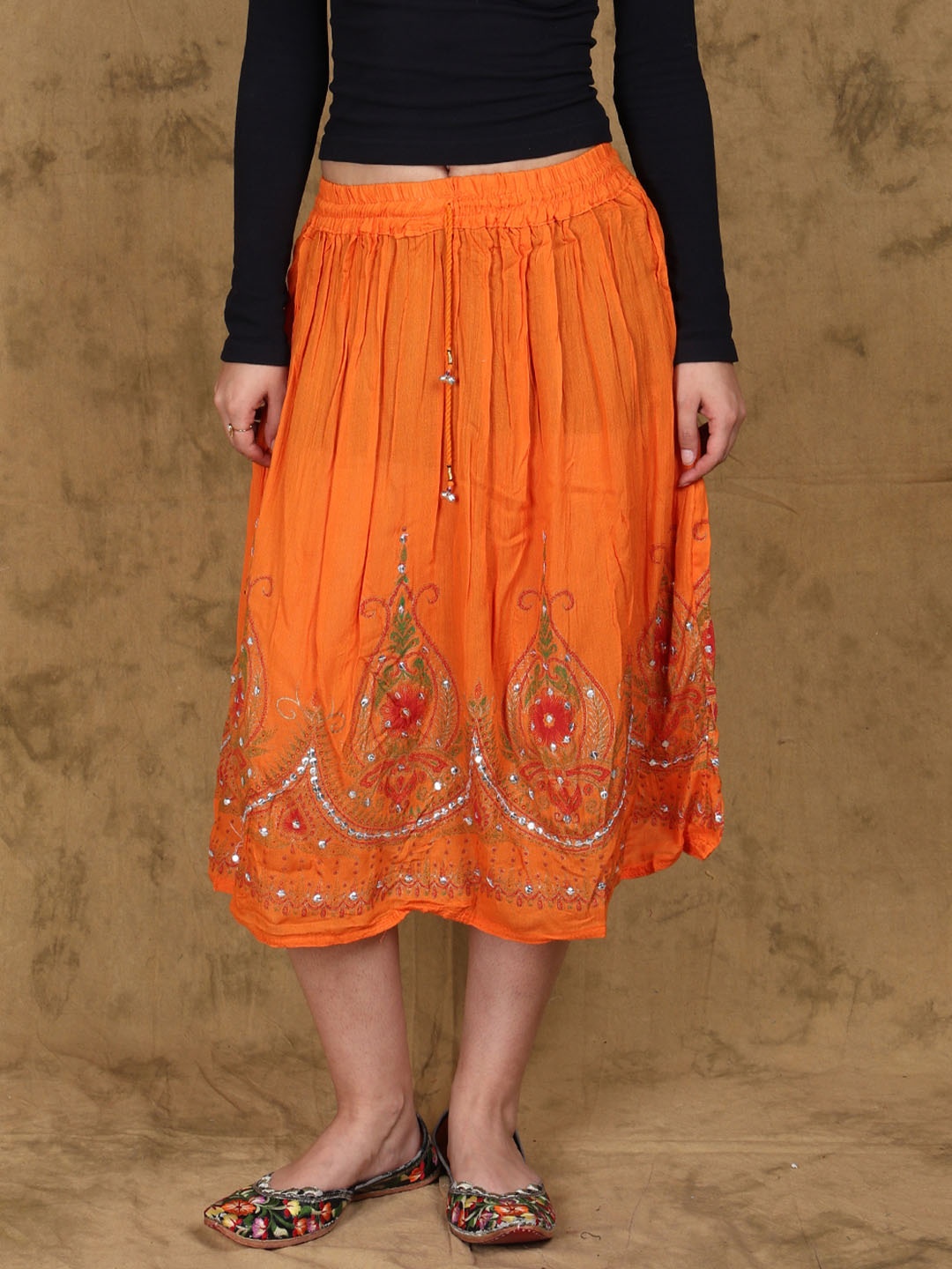 

Exotic India Printed Flared Midi Skirts, Orange