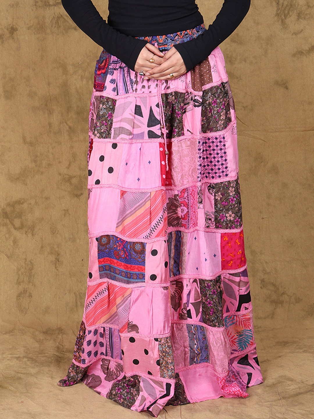 

Exotic India Printed & Patch Work Gujarat Boho Long Skirt, Pink