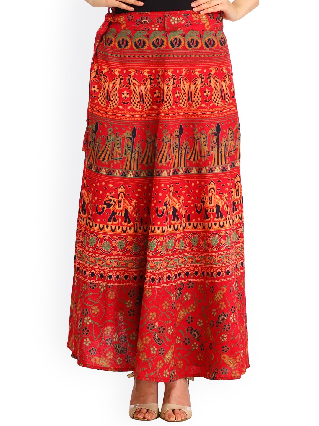 

Exotic India Tomato Puree Wrap-around Long Skirt with Printed Wedding Scenes, Red