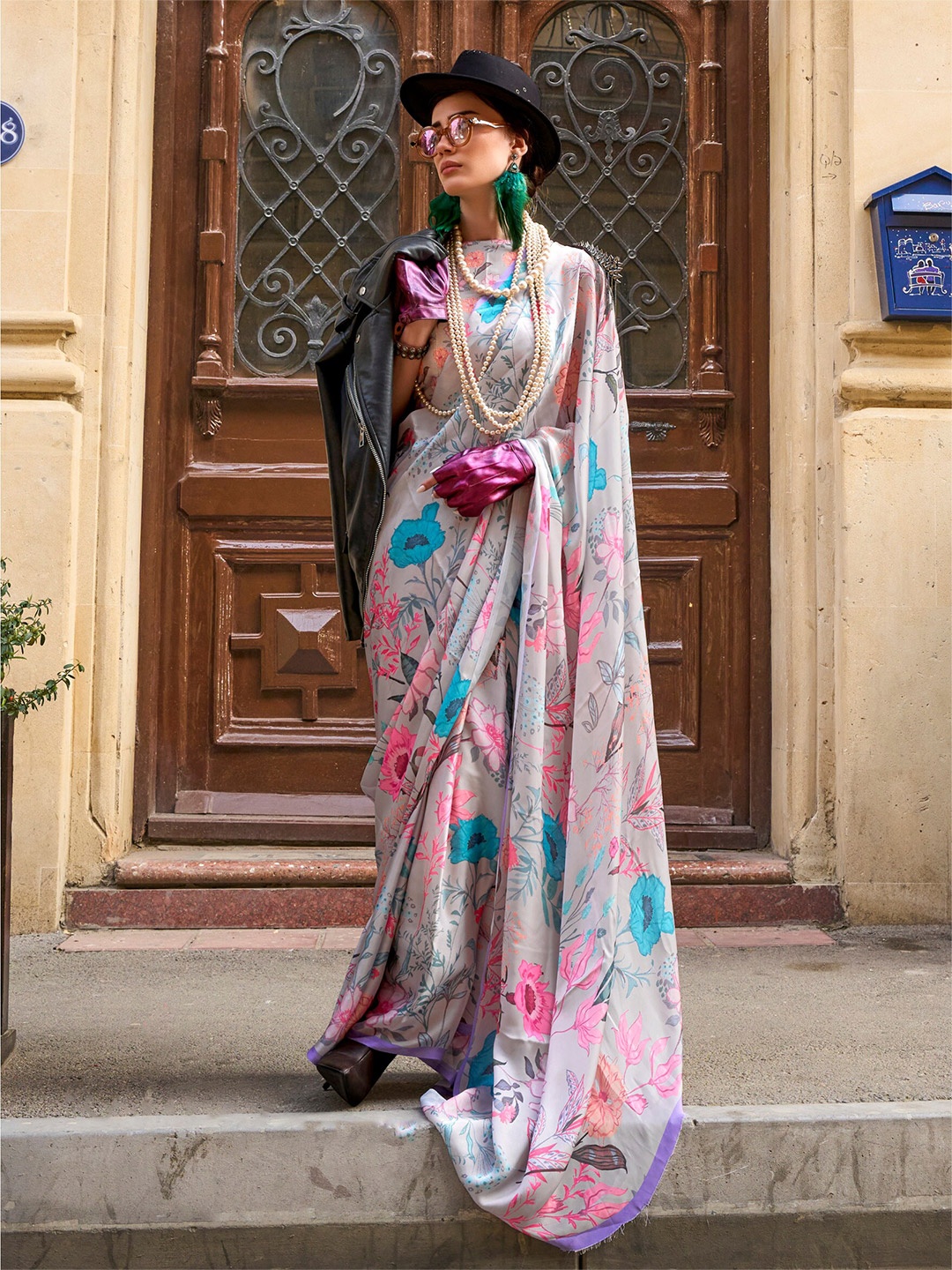 elora Floral Printed Satin Saree, Grey