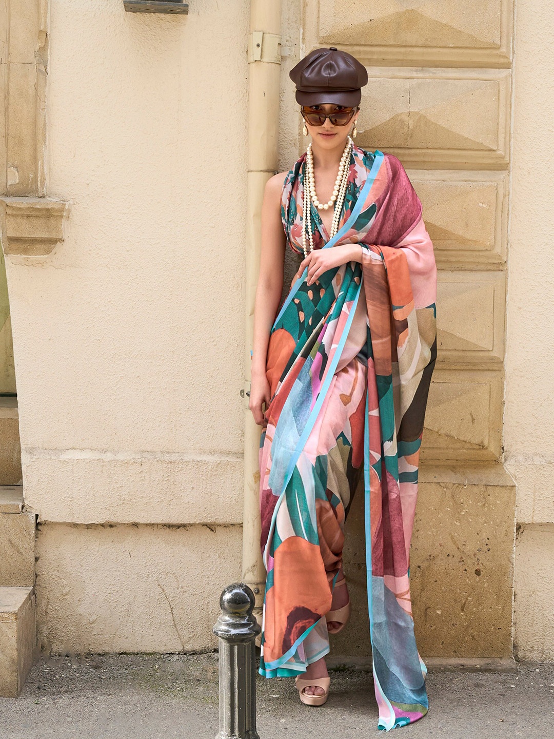 elora Floral Printed Satin Saree, Brown