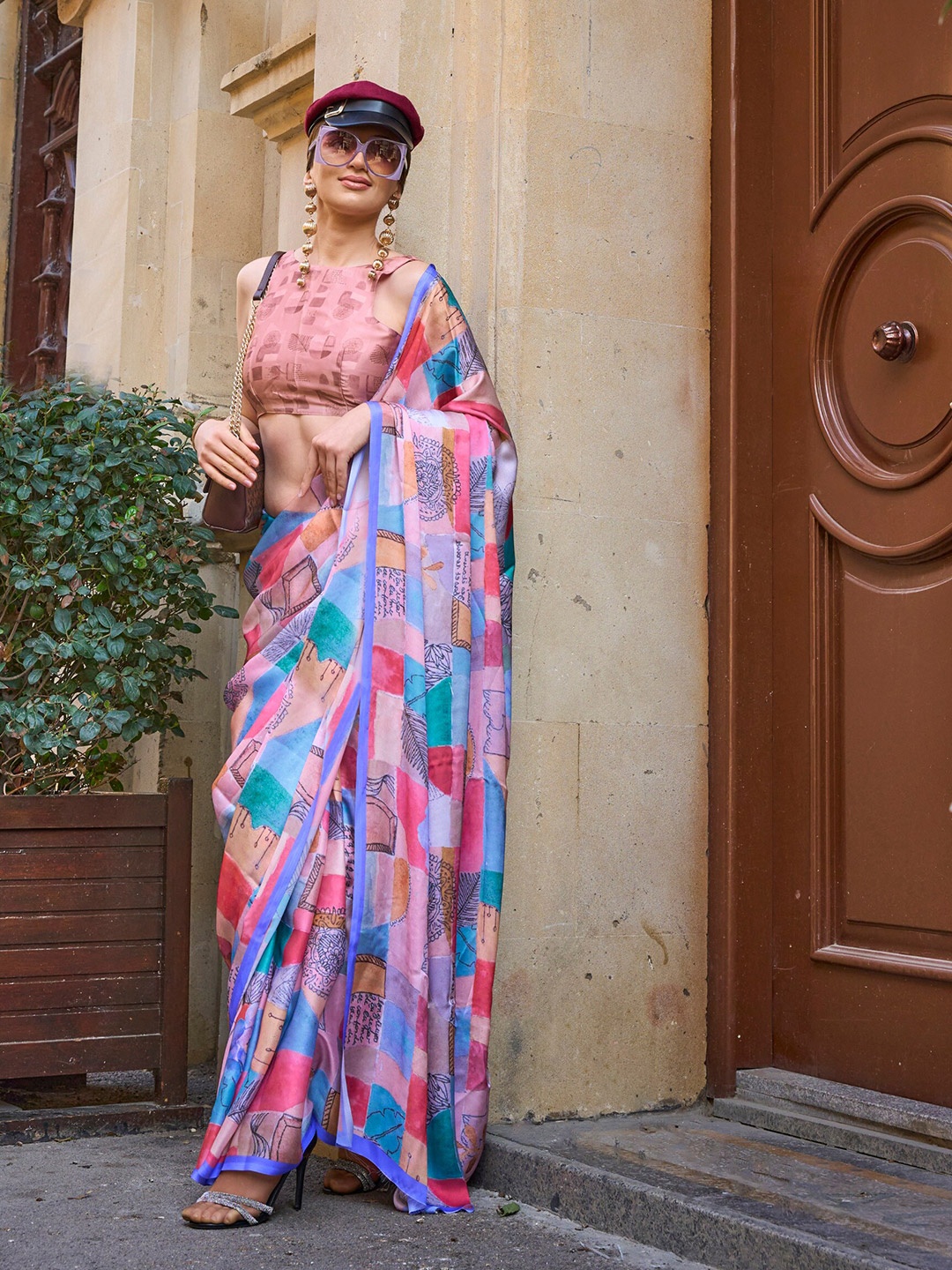 

elora Floral Printed Satin Saree, Blue