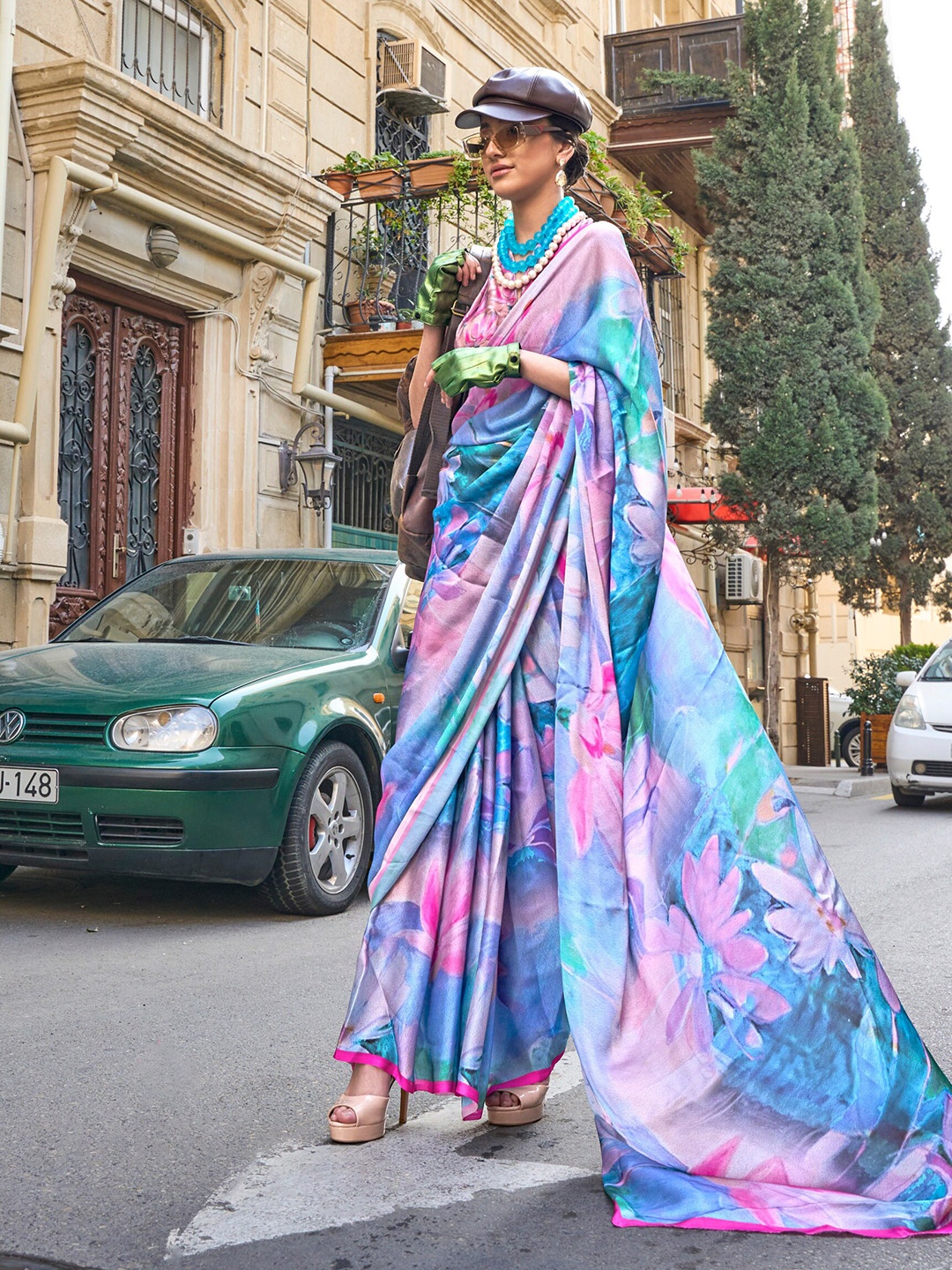 

elora Floral Printed Satin Saree, Turquoise blue