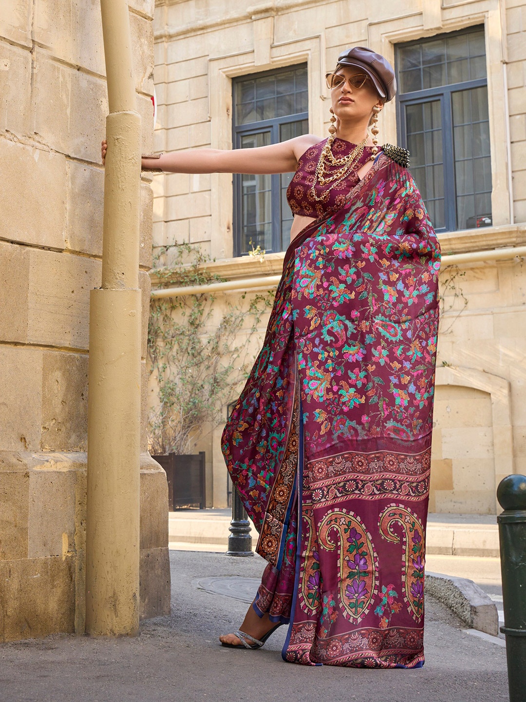 

elora Floral Printed Satin Saree, Magenta