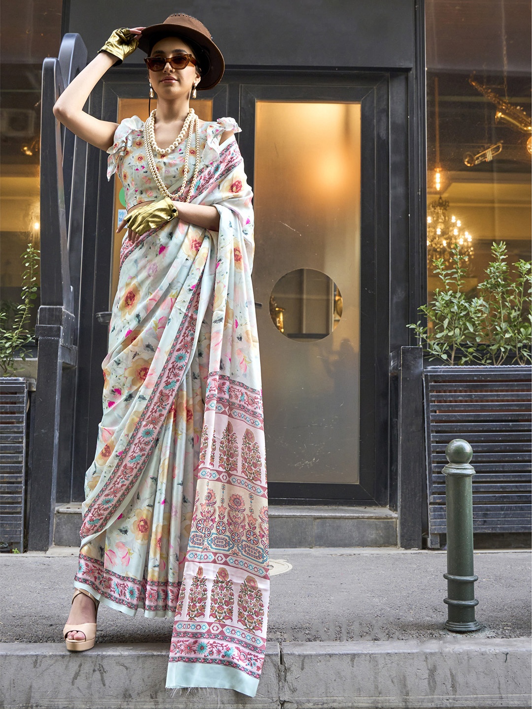 

elora Floral Printed Satin Saree, Turquoise blue