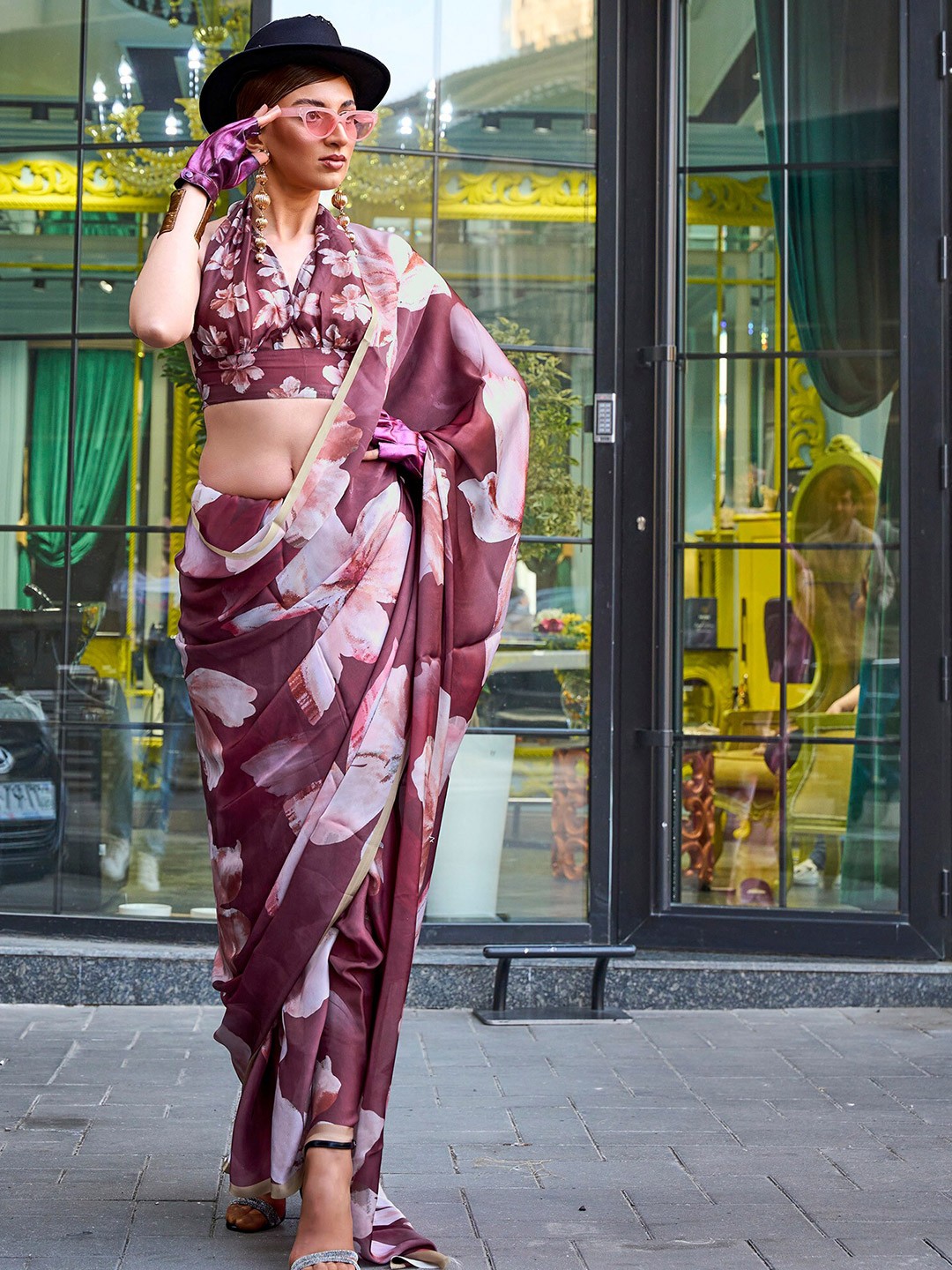 

elora Floral Printed Zari Satin Saree, Brown