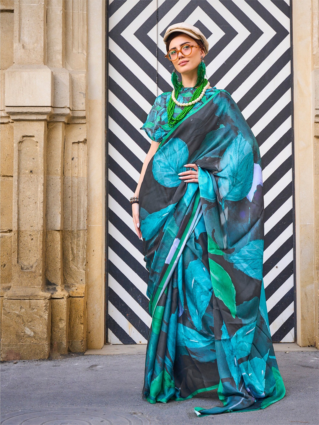 elora Floral Printed Satin Saree, Black