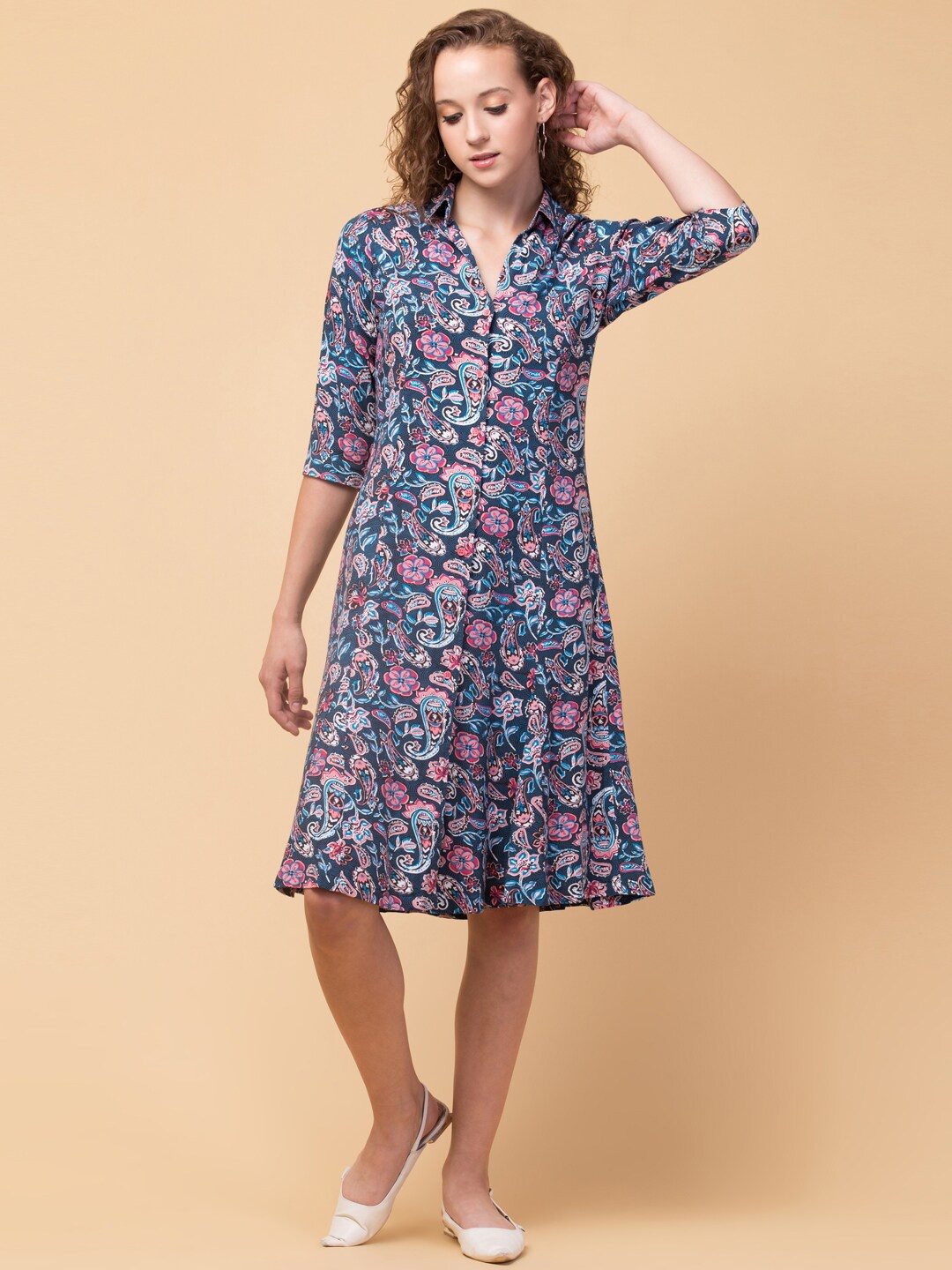 

BAESD Floral Print Shirt Collar A-Line Dress, Blue