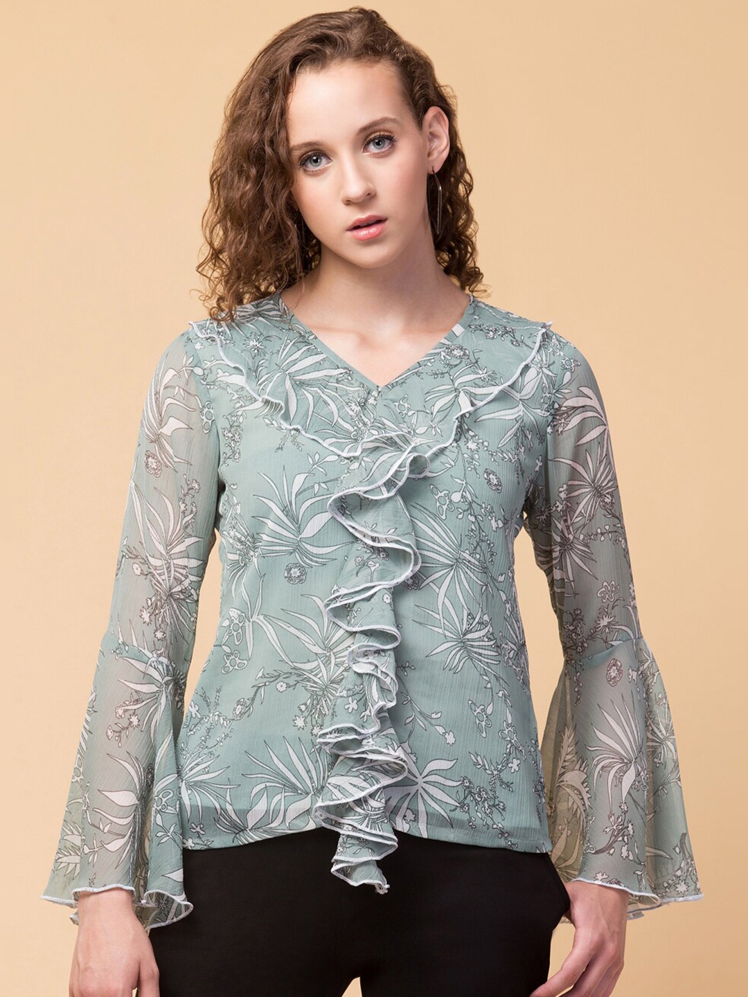 

BAESD Floral Printed V-Neck Bell Sleeve Knitted Top, Olive