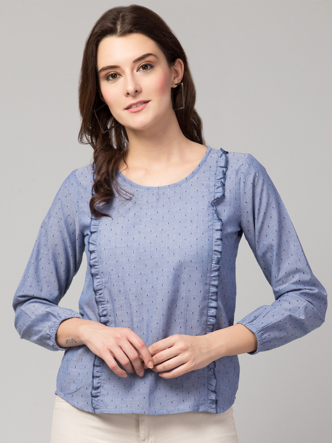 

BAESD Abstract Printed Round Neck Three-Quarter Sleeves Knitted Top, Blue