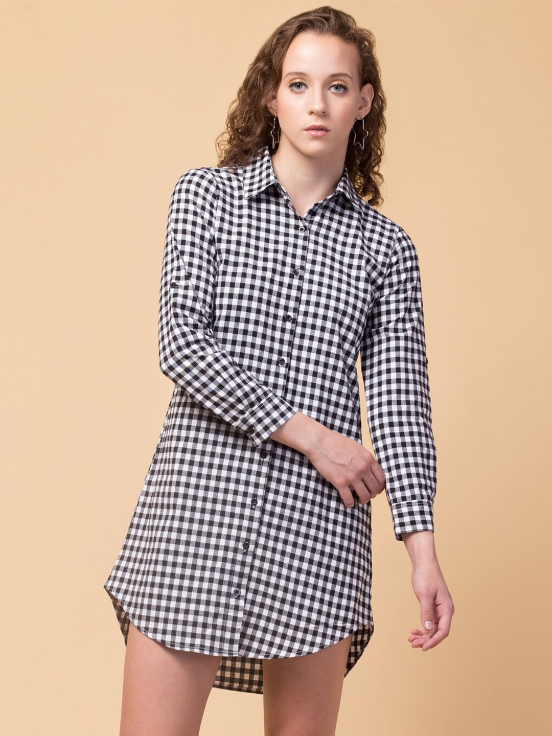 

BAESD Checked Cuffed Sleeves Cotton Shirt Dress, Black