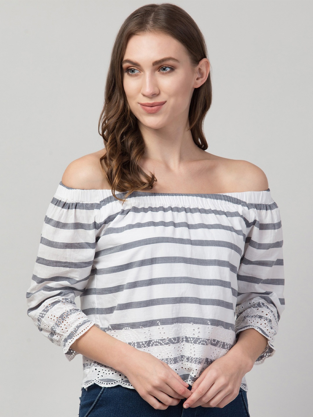 

BAESD Striped Off-Shoulder Cotton Bardot Top, Grey