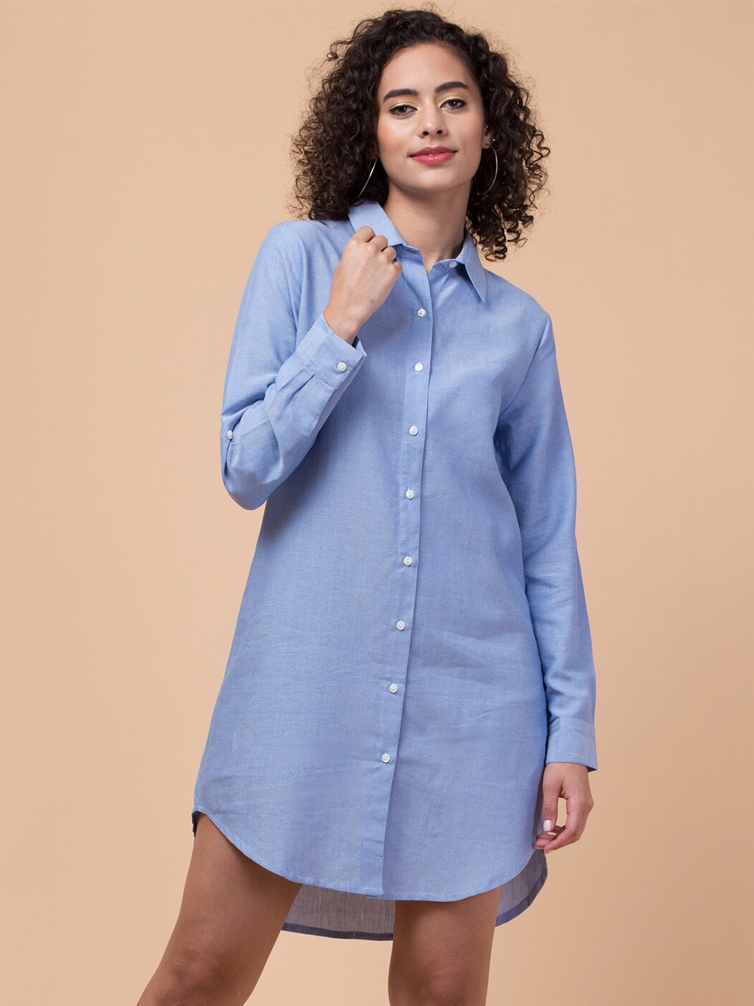 

BAESD Cuffed Sleeves Cotton Shirt Dress, Blue